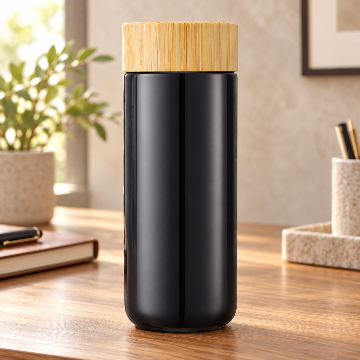 NC Custom Ceramic Mug with Bamboo Lid — styled lifestyle concept