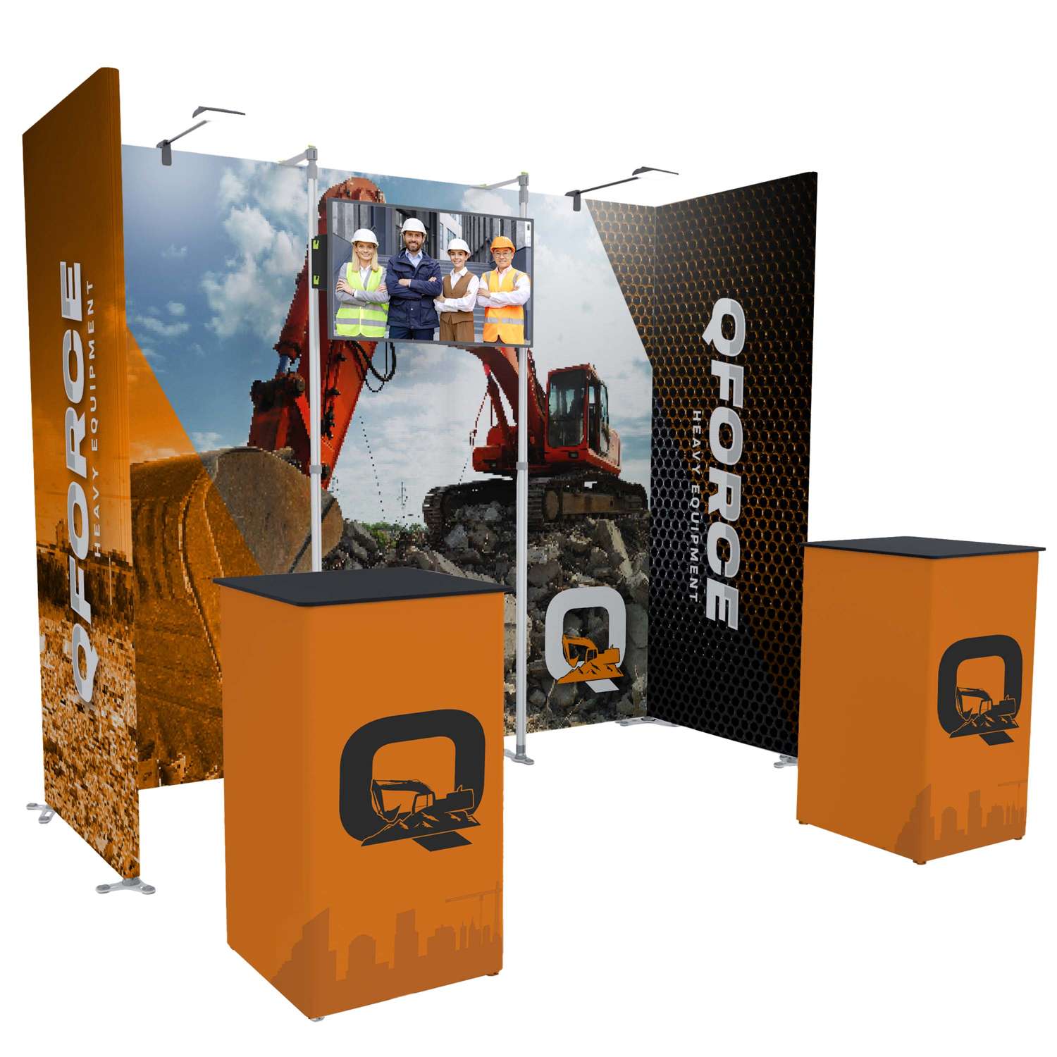 Showdown Displays TRIGA Go Modular Booth Kit 3 with counters and a fabric display